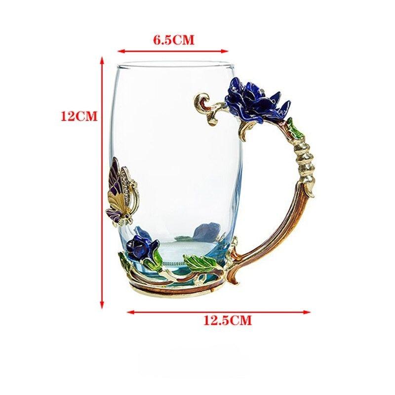 Blue Rose Enamel Crystal Cups | Elegant Flower Tea Glasses | Perfect Gifts
